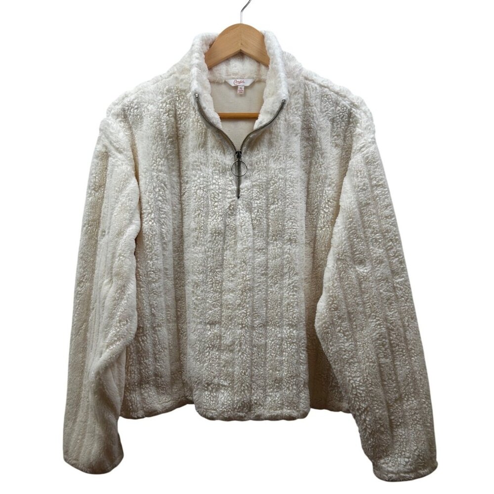 Candie's Fleece Pullover Sweater Womens XL Faux Fur Ivory Cozy Teddy Sherpa Chic